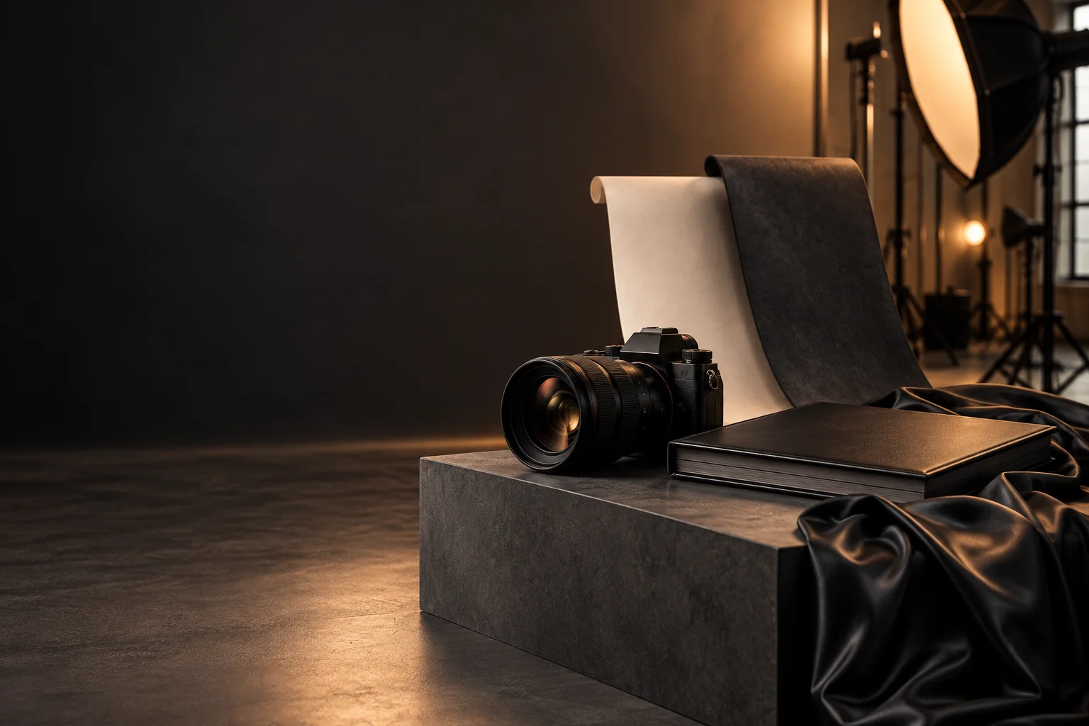 Photography studio with a camera, portfolio album and artistic backdrops